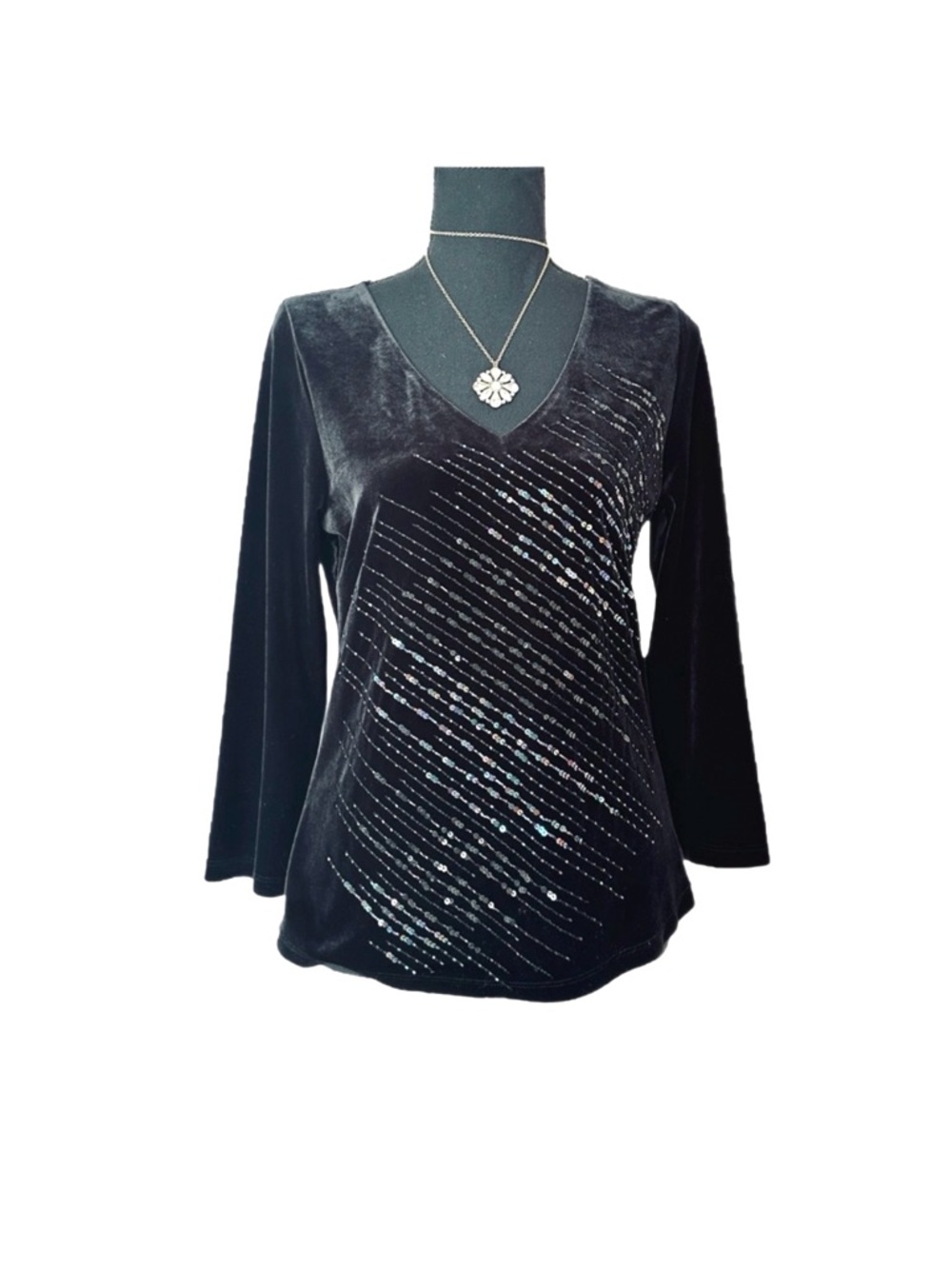 #55 WILLI SMITH ~ Black Velour V-Neck Sequined Long Sleeve Top size M
